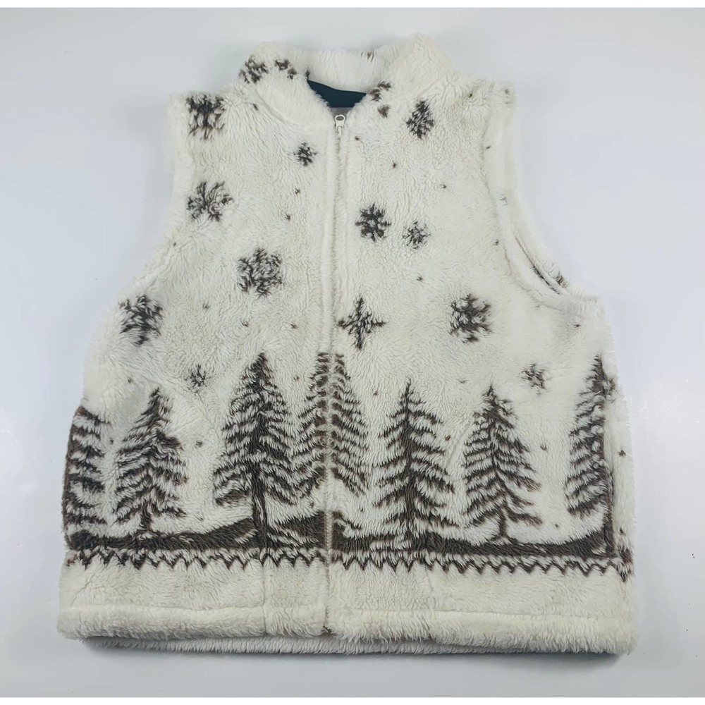 Cobblestone Canyon Womens Cream and Brown Vest Forest Scene with Snow USA Made